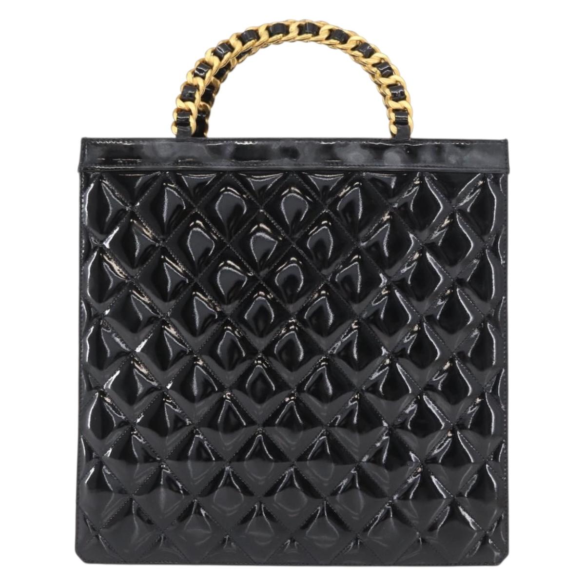 CHANEL Matelasse Chain Hand Bag Patent leather Black Gold CC Auth 142095