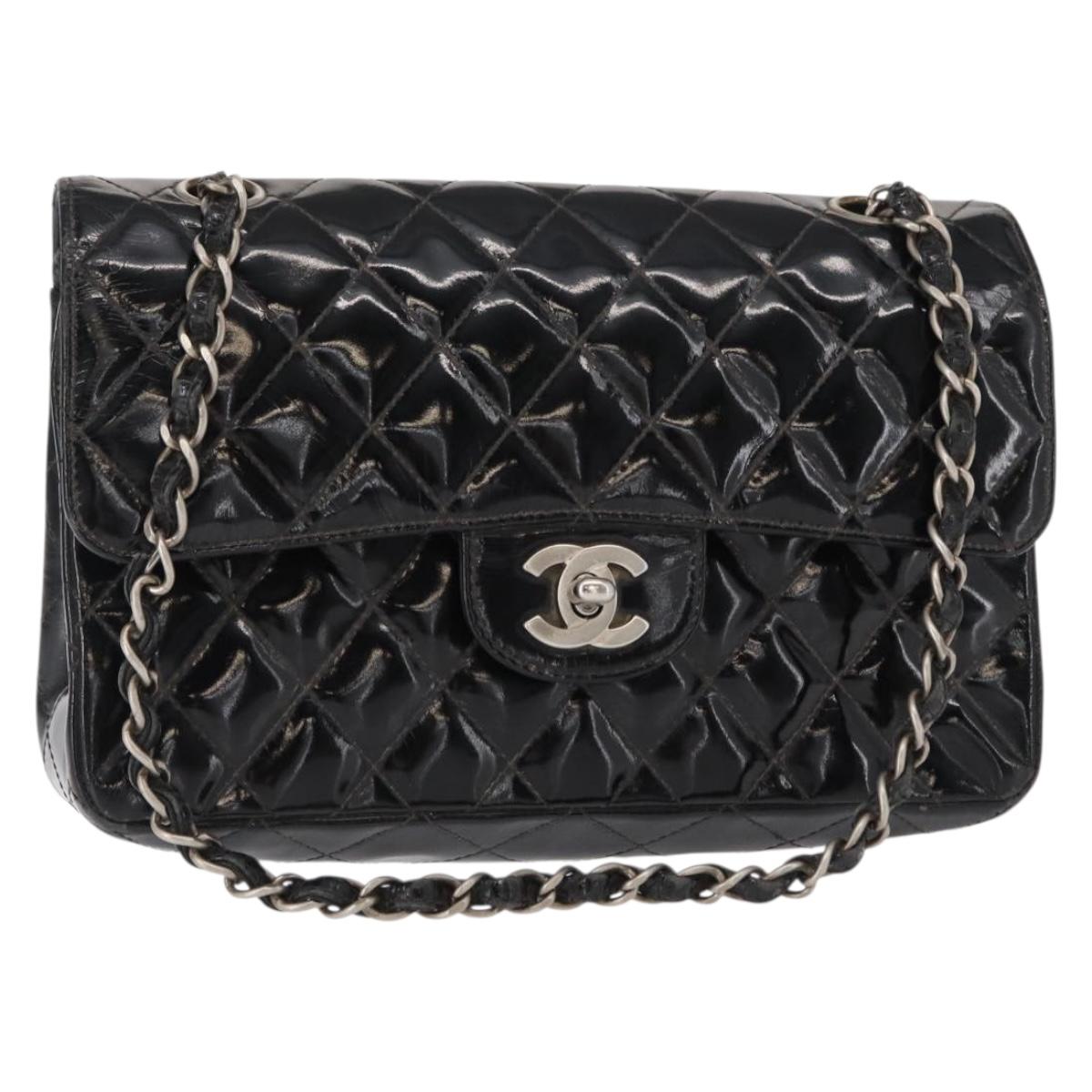 CHANEL Chain Double Flap Matelasse 23 Bag Patent Black Silver CC Auth 142096