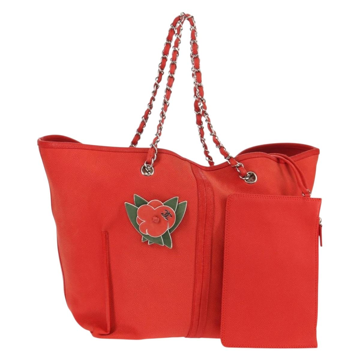 CHANEL Chain Camelia Tote Bag Caviar Skin Red Silver CC Auth 142099V