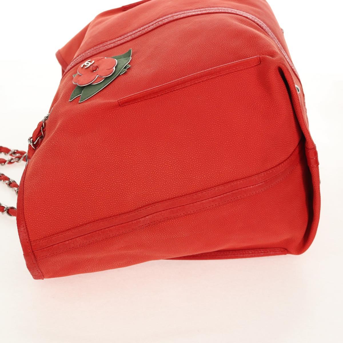 CHANEL Chain Camelia Tote Bag Caviar Skin Red Silver CC Auth 142099V