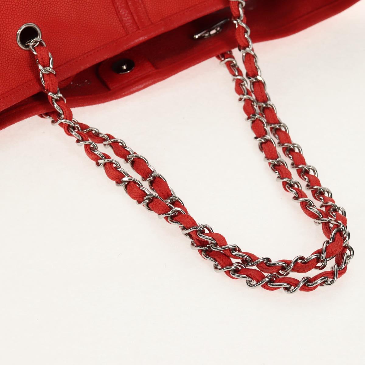 CHANEL Chain Camelia Tote Bag Caviar Skin Red Silver CC Auth 142099V