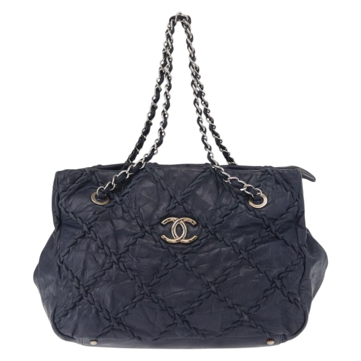 CHANEL Ultra Stitch Chain Tote Bag Calf Skin Navy Silver CC Auth 142101