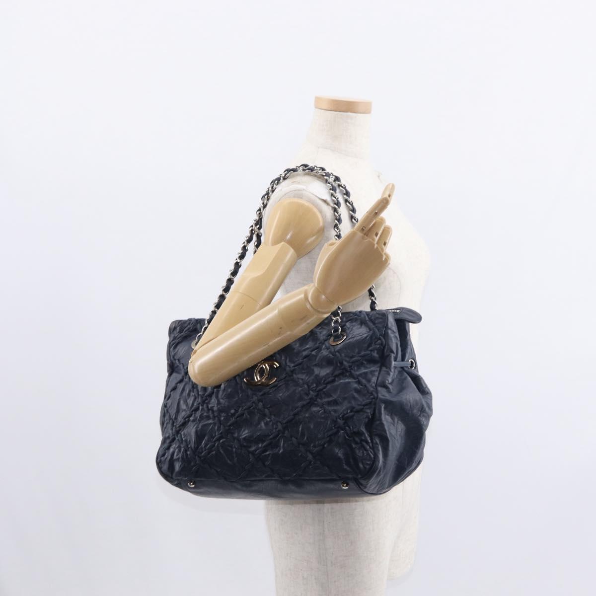 CHANEL Ultra Stitch Chain Tote Bag Calf Skin Navy Silver CC Auth 142101