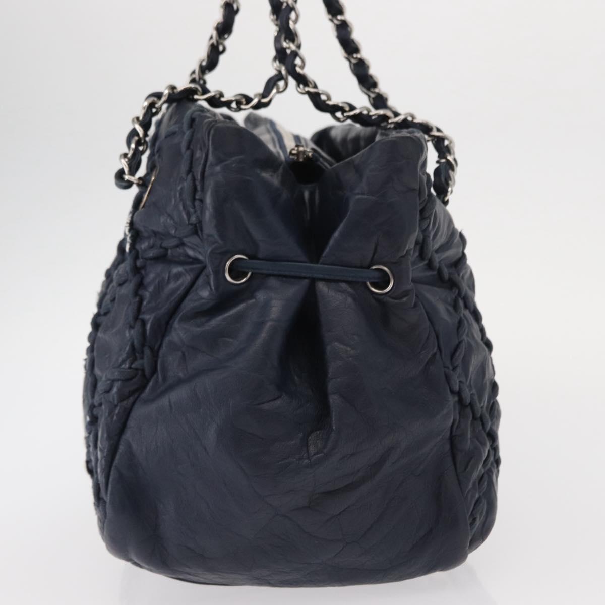 CHANEL Ultra Stitch Chain Tote Bag Calf Skin Navy Silver CC Auth 142101