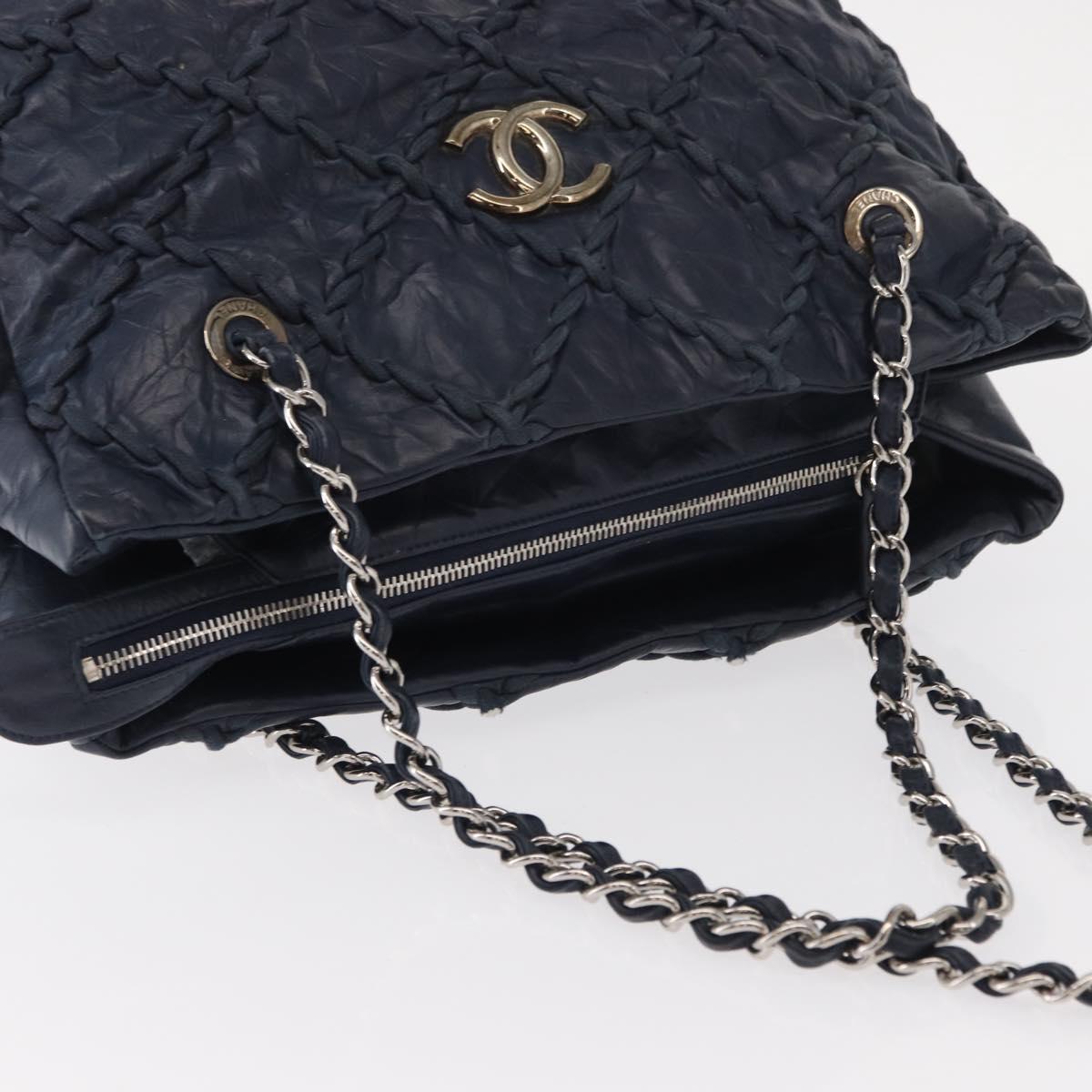 CHANEL Ultra Stitch Chain Tote Bag Calf Skin Navy Silver CC Auth 142101