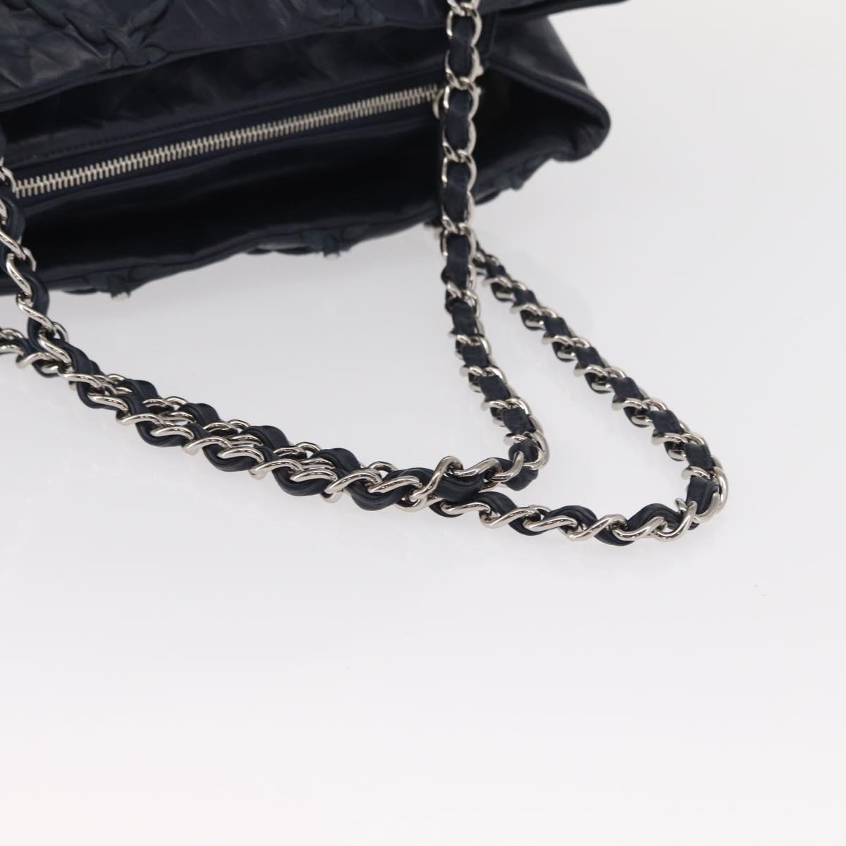 CHANEL Ultra Stitch Chain Tote Bag Calf Skin Navy Silver CC Auth 142101