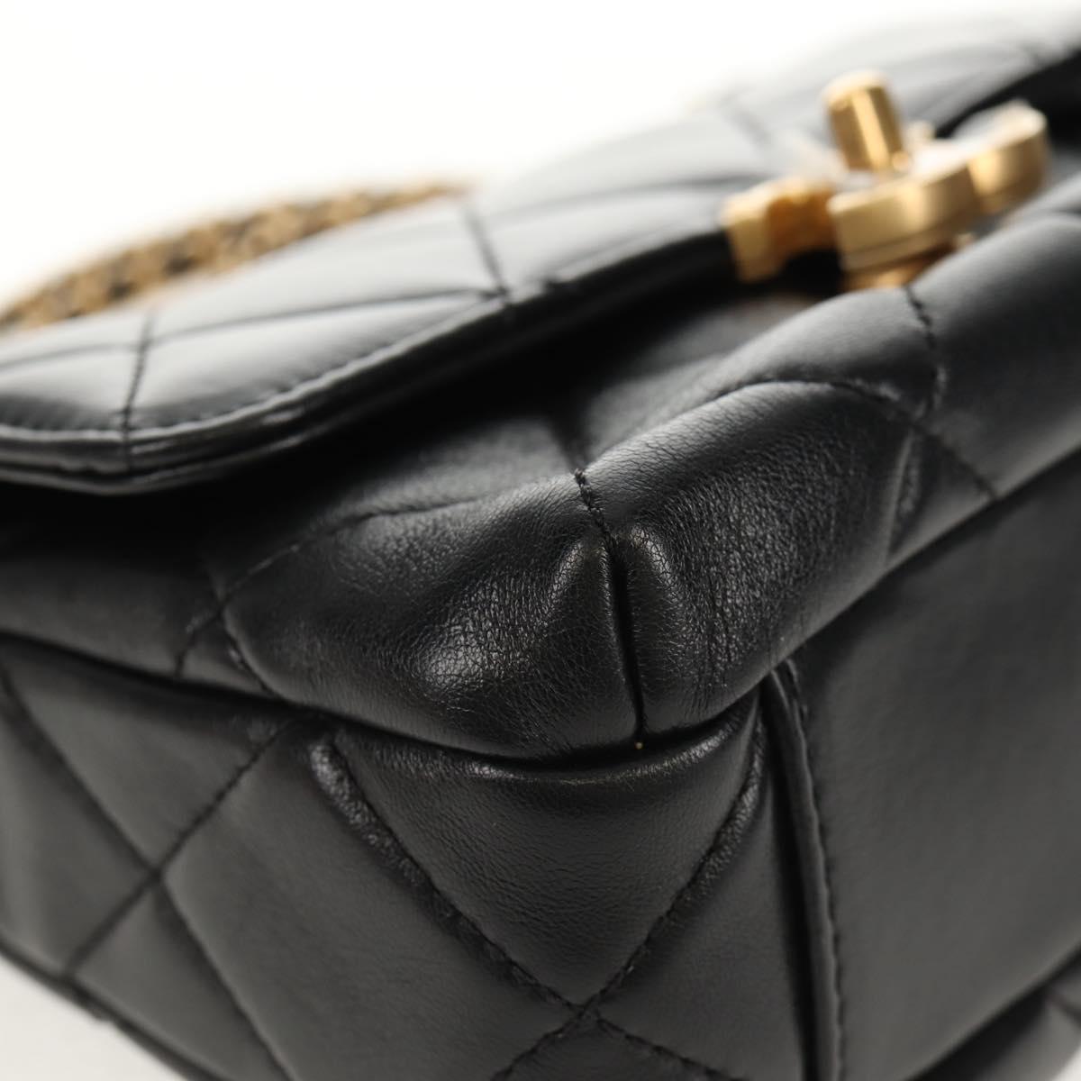CHANEL Mini Matelasse Chain Shoulder Bag Lamb Skin Black Gold CC Auth 142102SM