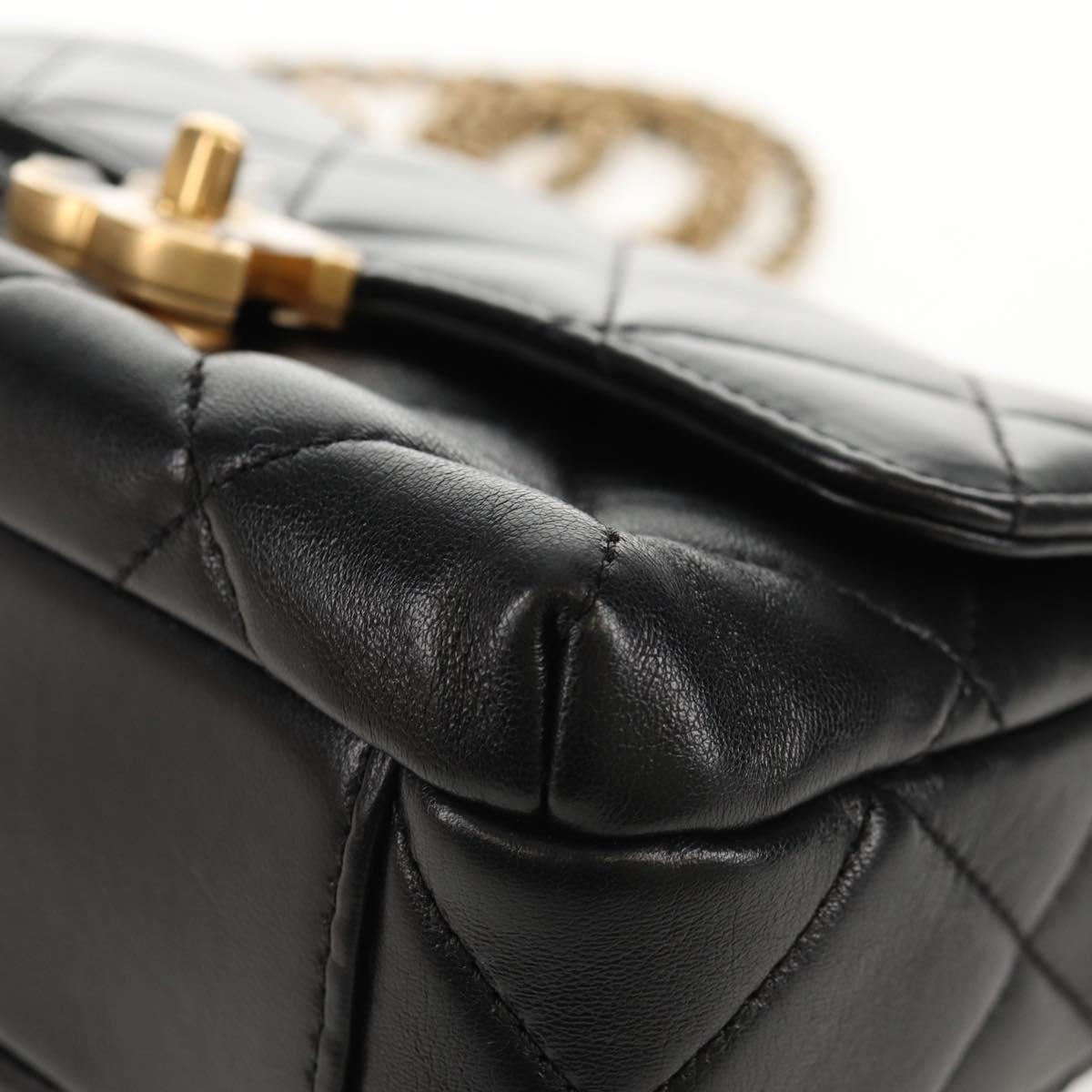 CHANEL Mini Matelasse Chain Shoulder Bag Lamb Skin Black Gold CC Auth 142102SM
