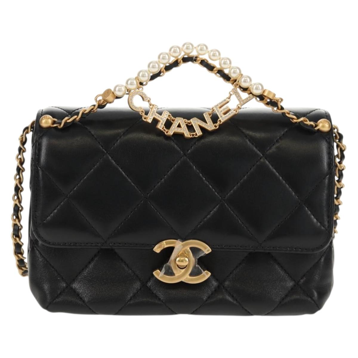 CHANEL Mini Matelasse Chain Shoulder Bag Lamb Skin Black Gold CC Auth 142102SM