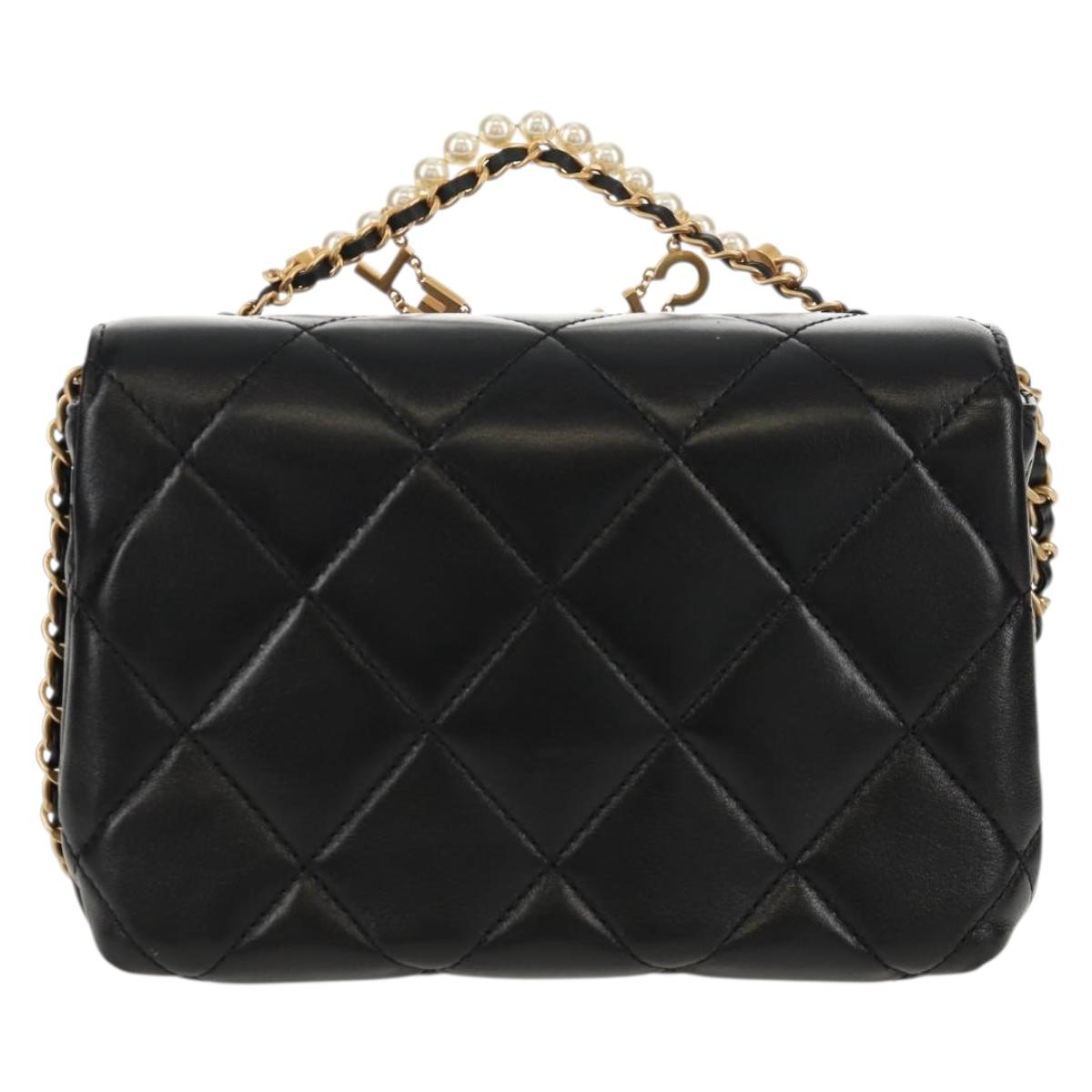 CHANEL Mini Matelasse Chain Shoulder Bag Lamb Skin Black Gold CC Auth 142102SM