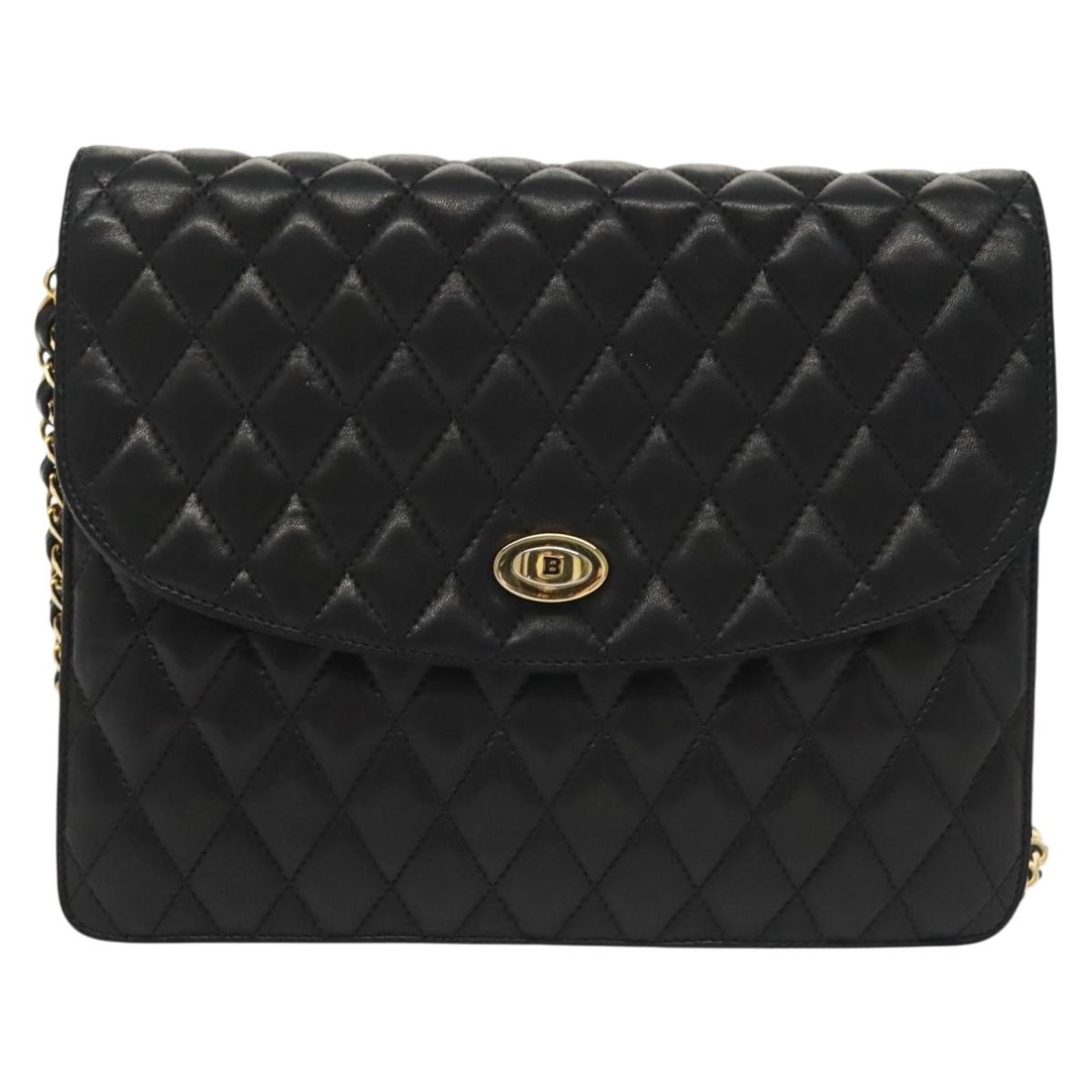 BALLY Chain Shoulder Bag Leather Black Gold Auth 142113