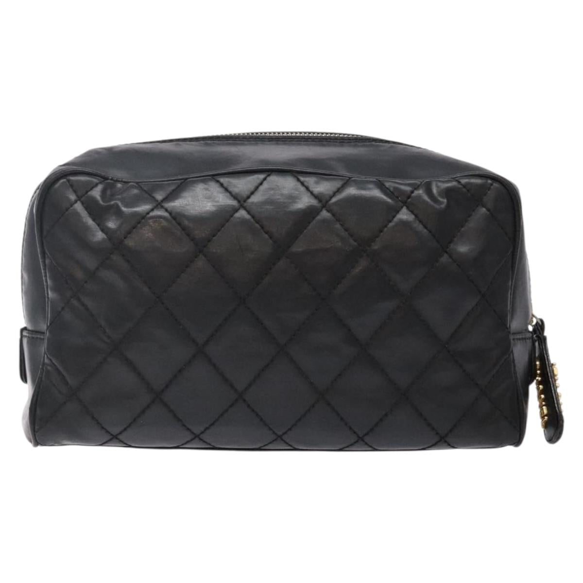 CHANEL Matelasse Pouch Leather Black Gold CC Auth 142115