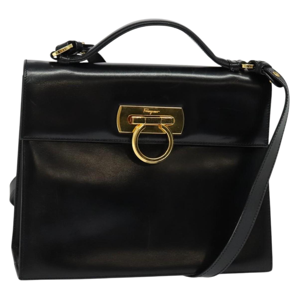 Salvatore Ferragamo Gancini Hand Bag Leather 2way Black Gold Auth 142126