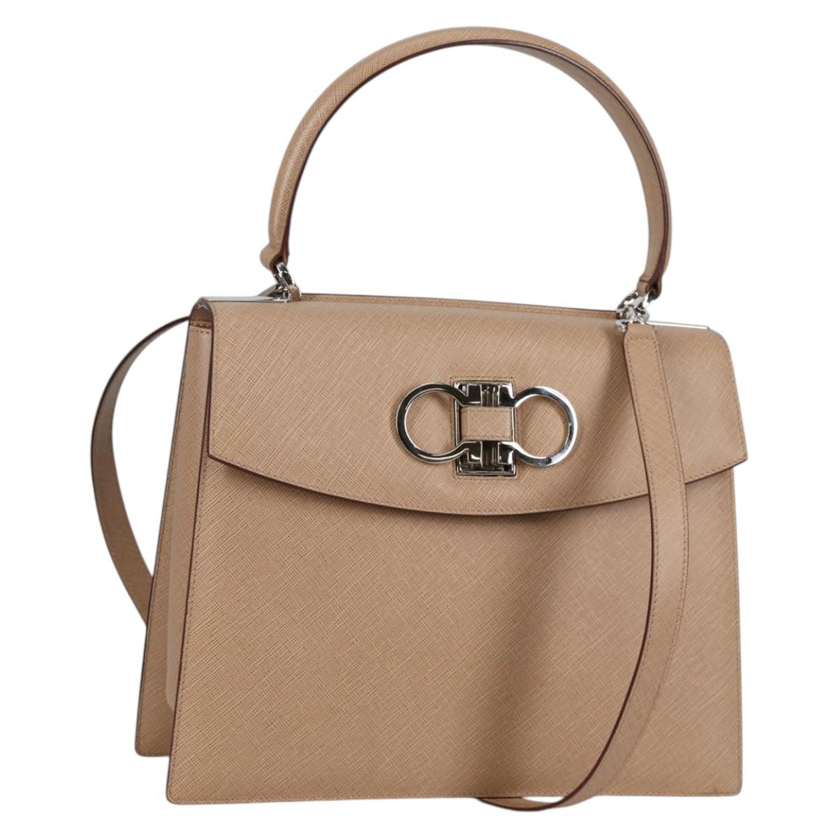 Salvatore Ferragamo Gancini Hand Bag Leather 2way Beige Silver Auth 142127V