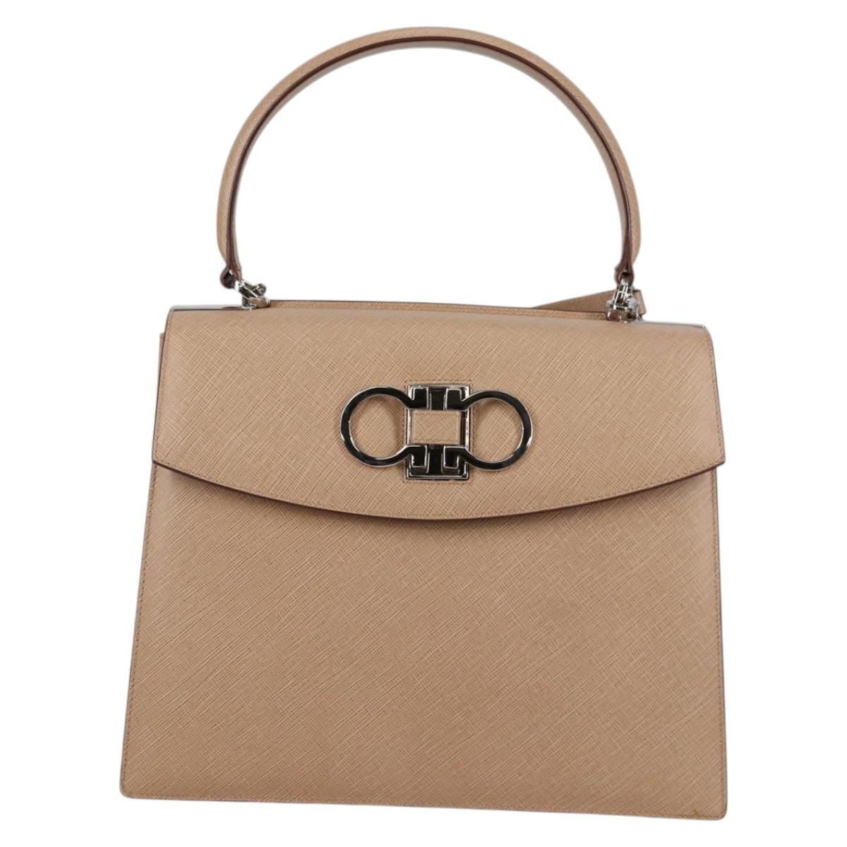 Salvatore Ferragamo Gancini Hand Bag Leather 2way Beige Silver Auth 142127V