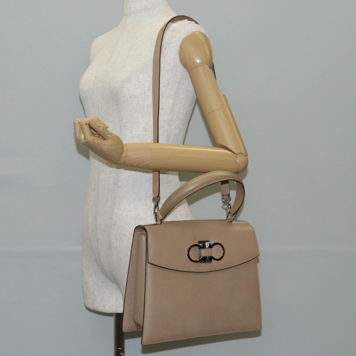 Salvatore Ferragamo Gancini Hand Bag Leather 2way Beige Silver Auth 142127V