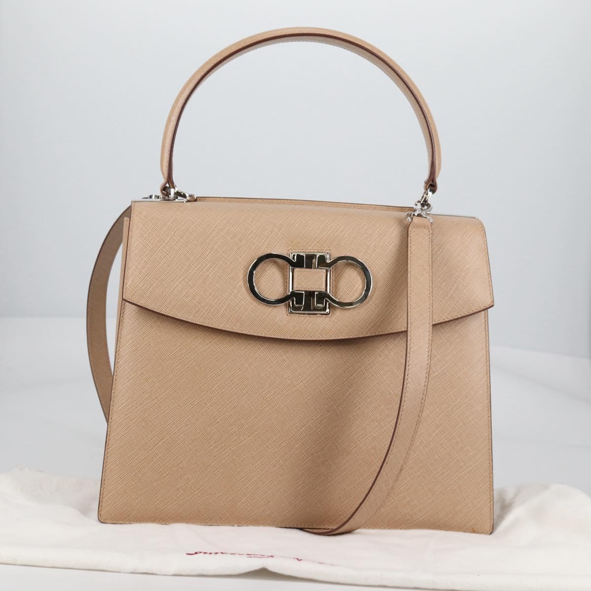 Salvatore Ferragamo Gancini Hand Bag Leather 2way Beige Silver Auth 142127V