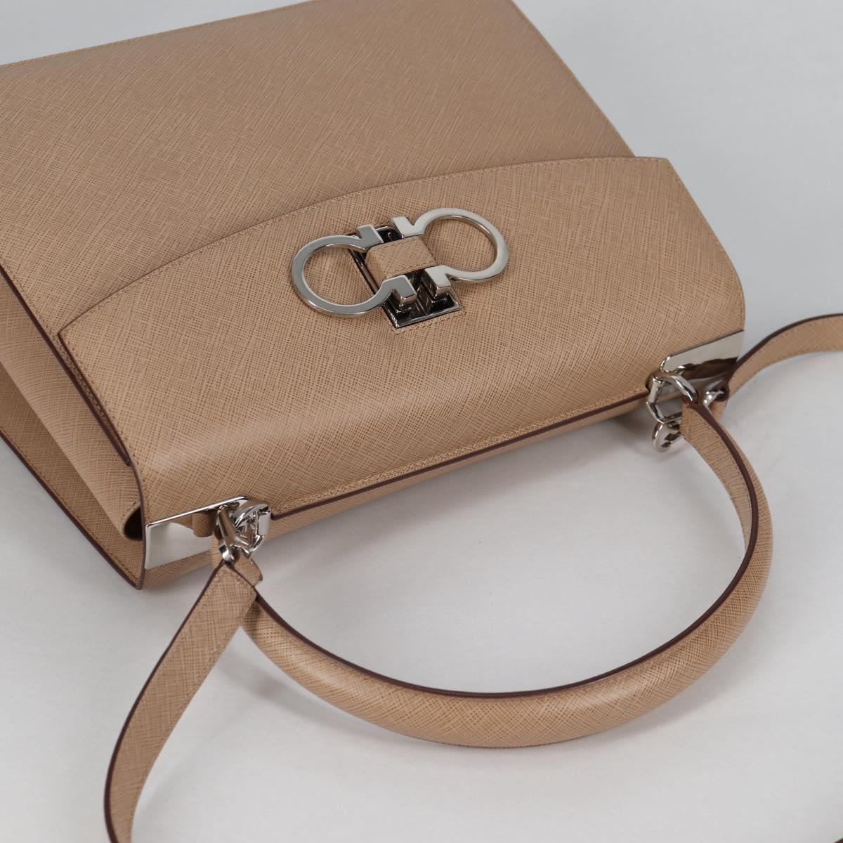 Salvatore Ferragamo Gancini Hand Bag Leather 2way Beige Silver Auth 142127V