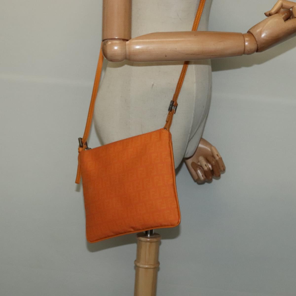 FENDI Zucchino Canvas Shoulder Bag Orange Silver Auth 142160