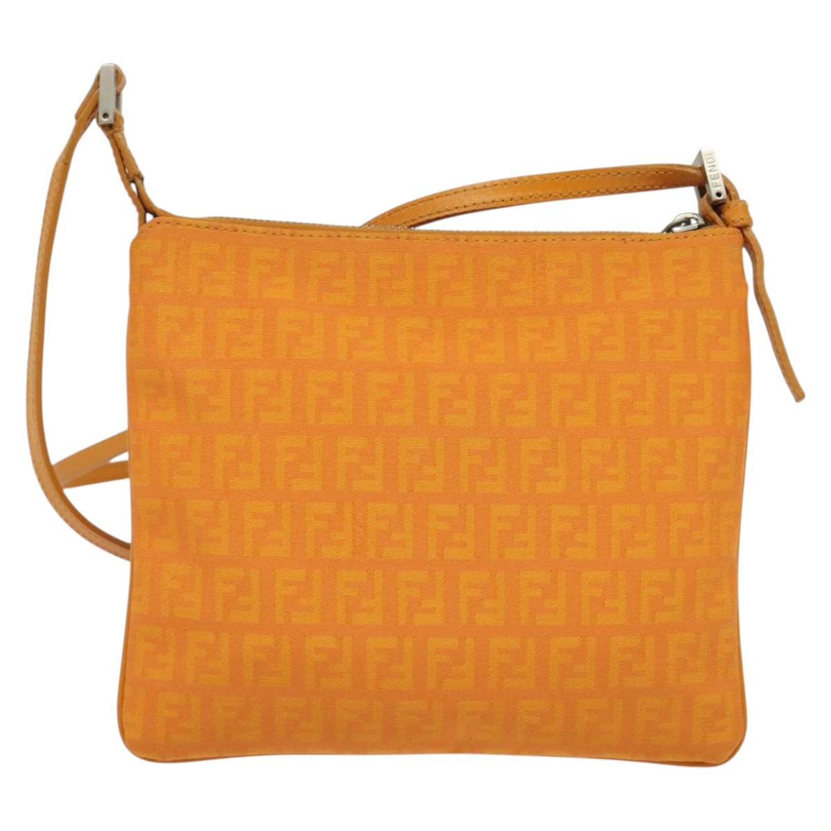 FENDI Zucchino Canvas Shoulder Bag Orange Silver Auth 142160