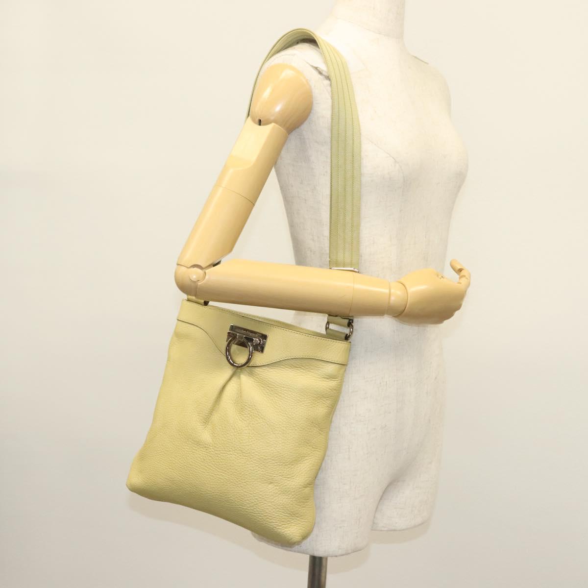 Salvatore Ferragamo Gancini Shoulder Bag Leather Yellow Silver Auth 142164
