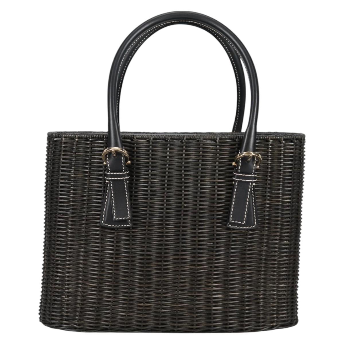 Salvatore Ferragamo Gancini Hand Bag Rattan Black Gold Auth 142182V