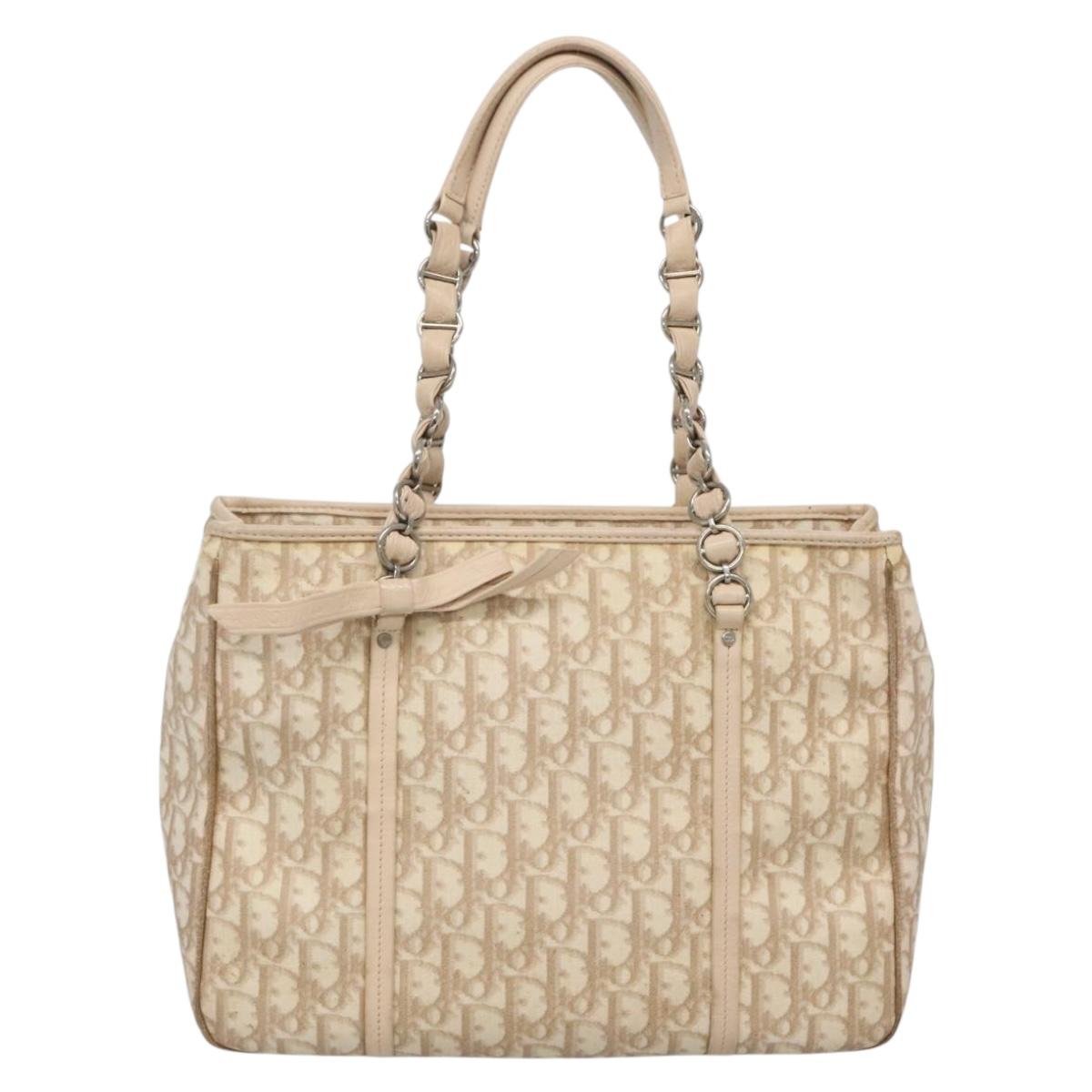 Christian Dior Trotter Canvas Romantic Tote Bag PVC Beige Silver Auth 142190
