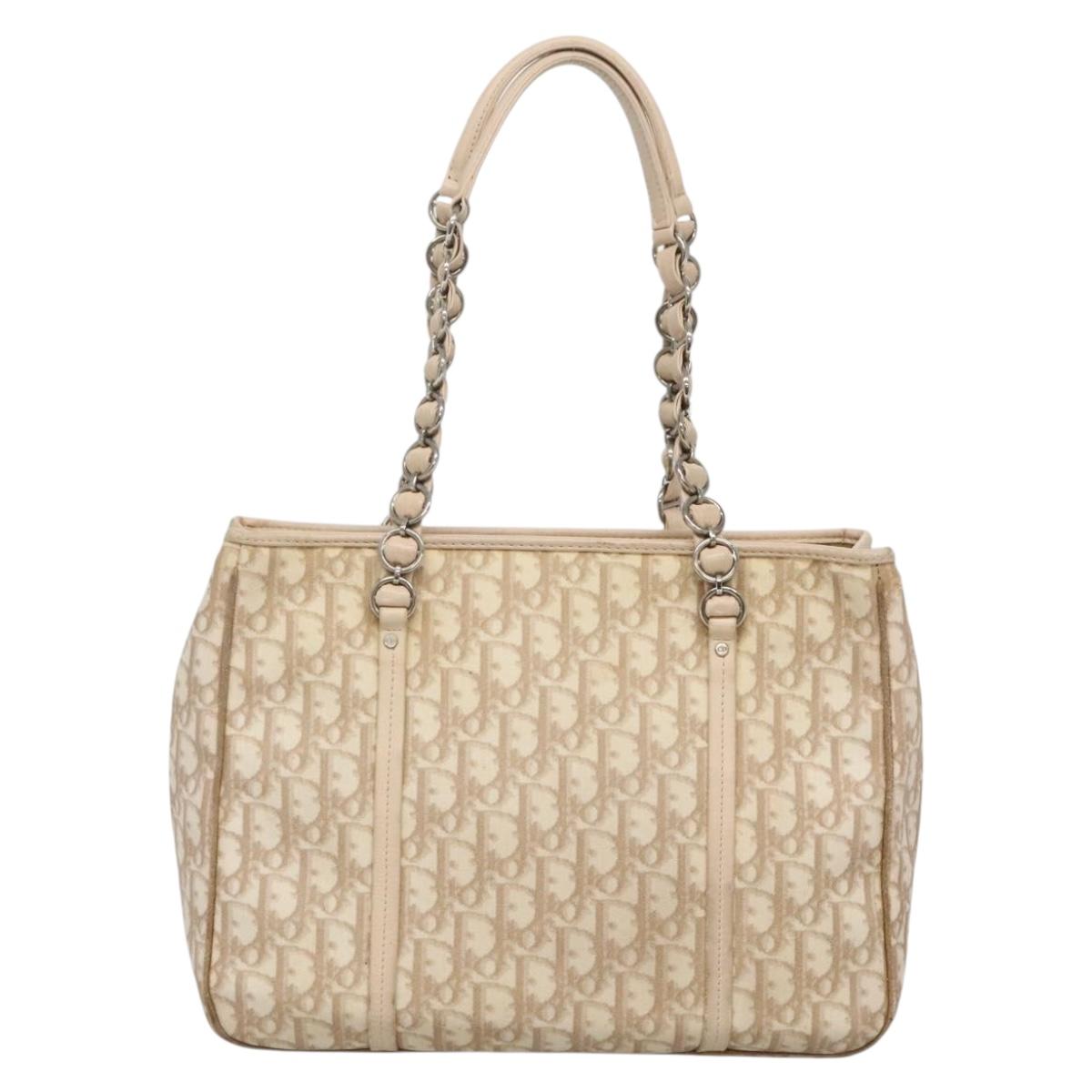 Christian Dior Trotter Canvas Romantic Tote Bag PVC Beige Silver Auth 142190