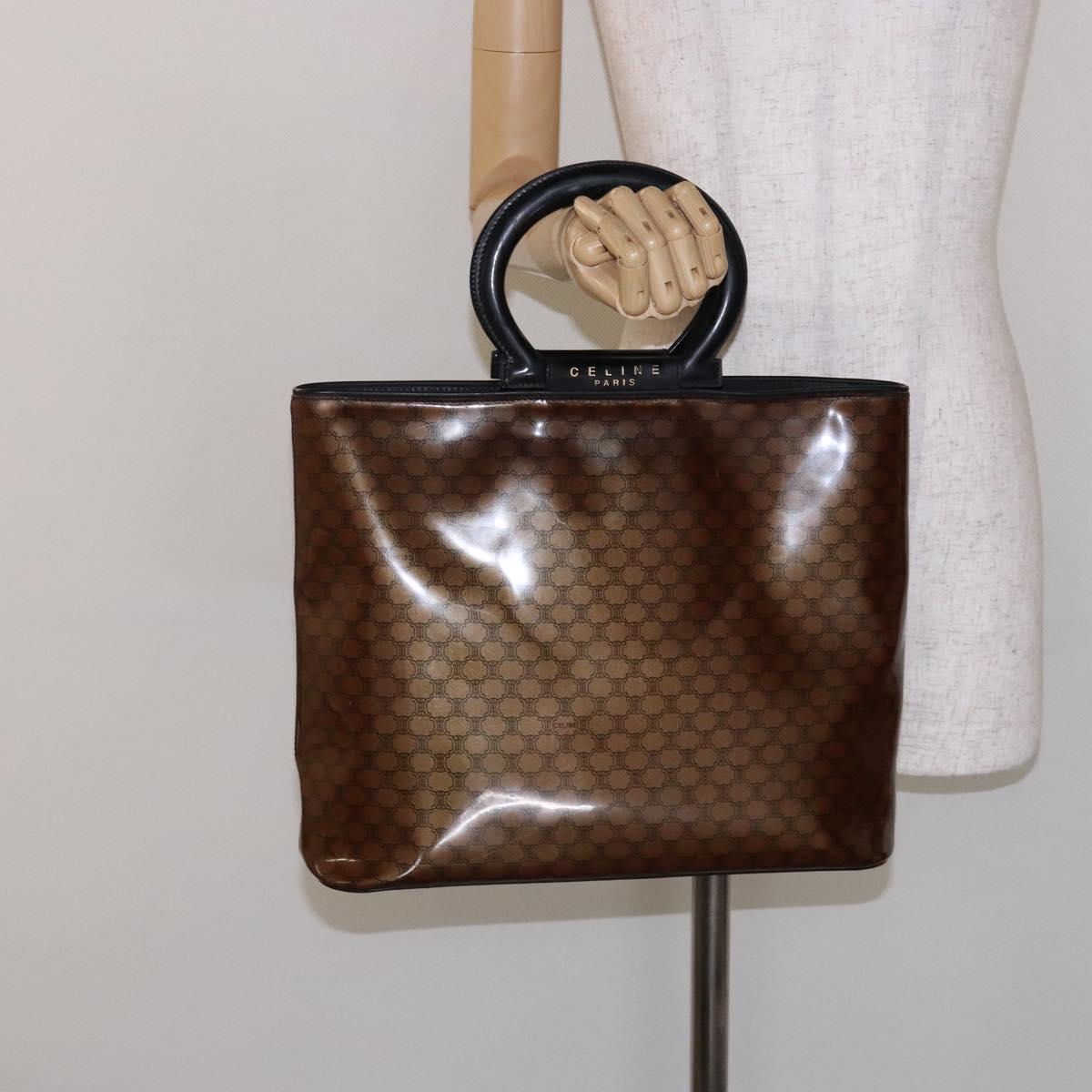 CELINE Macadam Canvas Hand Bag Enamel Brown Gold Auth 142207
