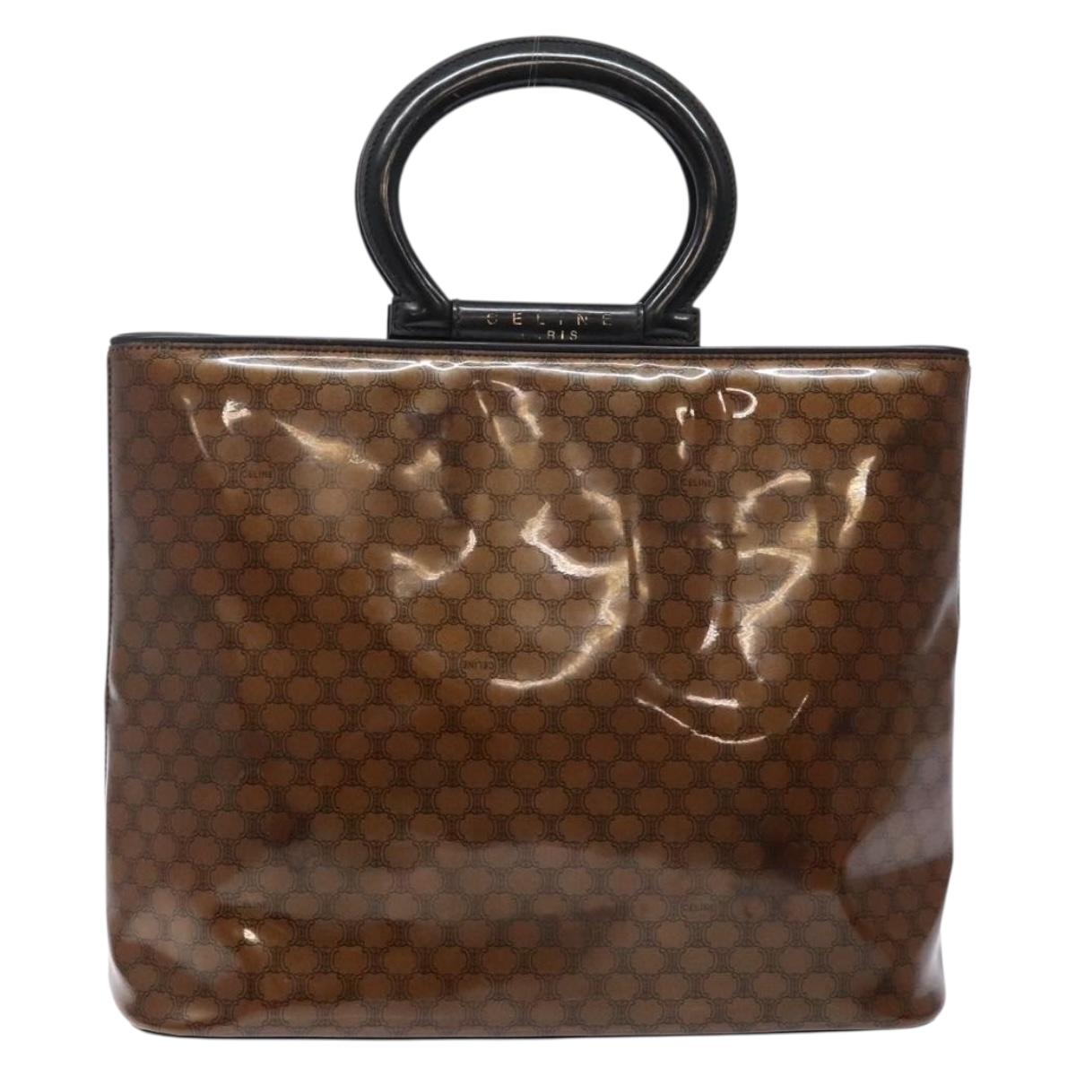 CELINE Macadam Canvas Hand Bag Enamel Brown Gold Auth 142207