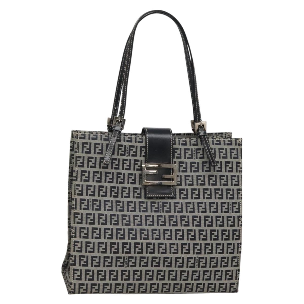 FENDI Zucchino Canvas Tote Bag Navy Silver Auth 142208