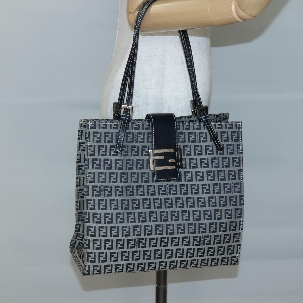 FENDI Zucchino Canvas Tote Bag Navy Silver Auth 142208