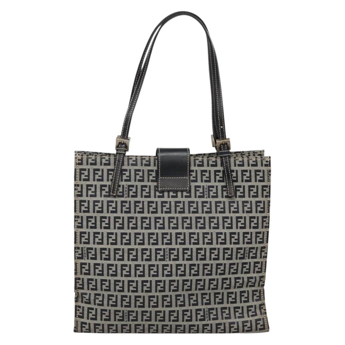 FENDI Zucchino Canvas Tote Bag Navy Silver Auth 142208