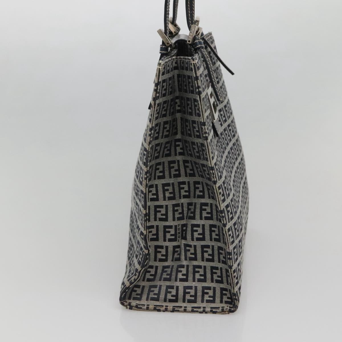 FENDI Zucchino Canvas Tote Bag Navy Silver Auth 142208