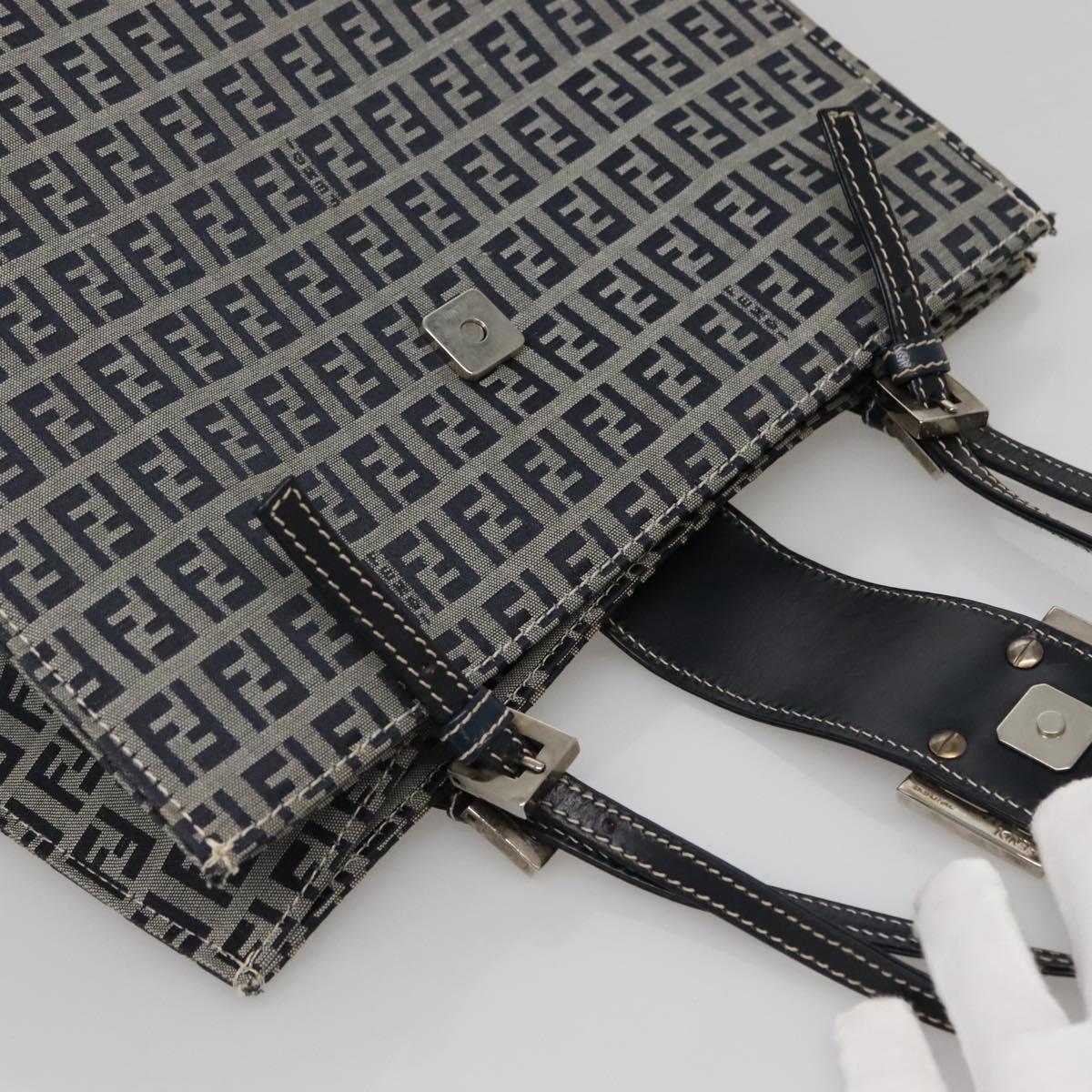 FENDI Zucchino Canvas Tote Bag Navy Silver Auth 142208