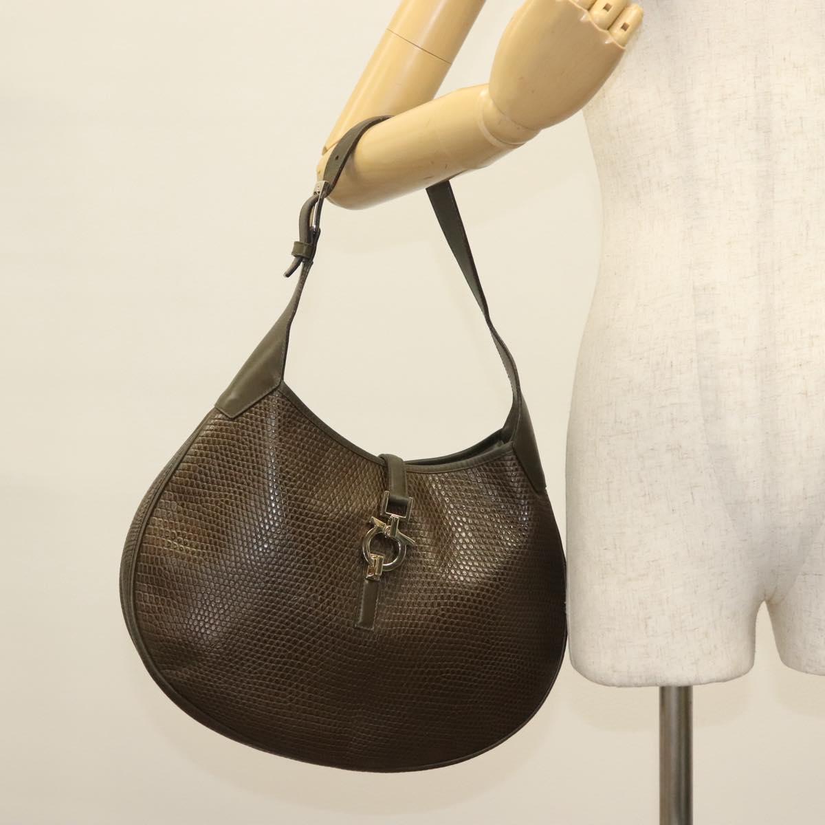 Salvatore Ferragamo Gancini Shoulder Bag Leather Brown Gold Auth 142243