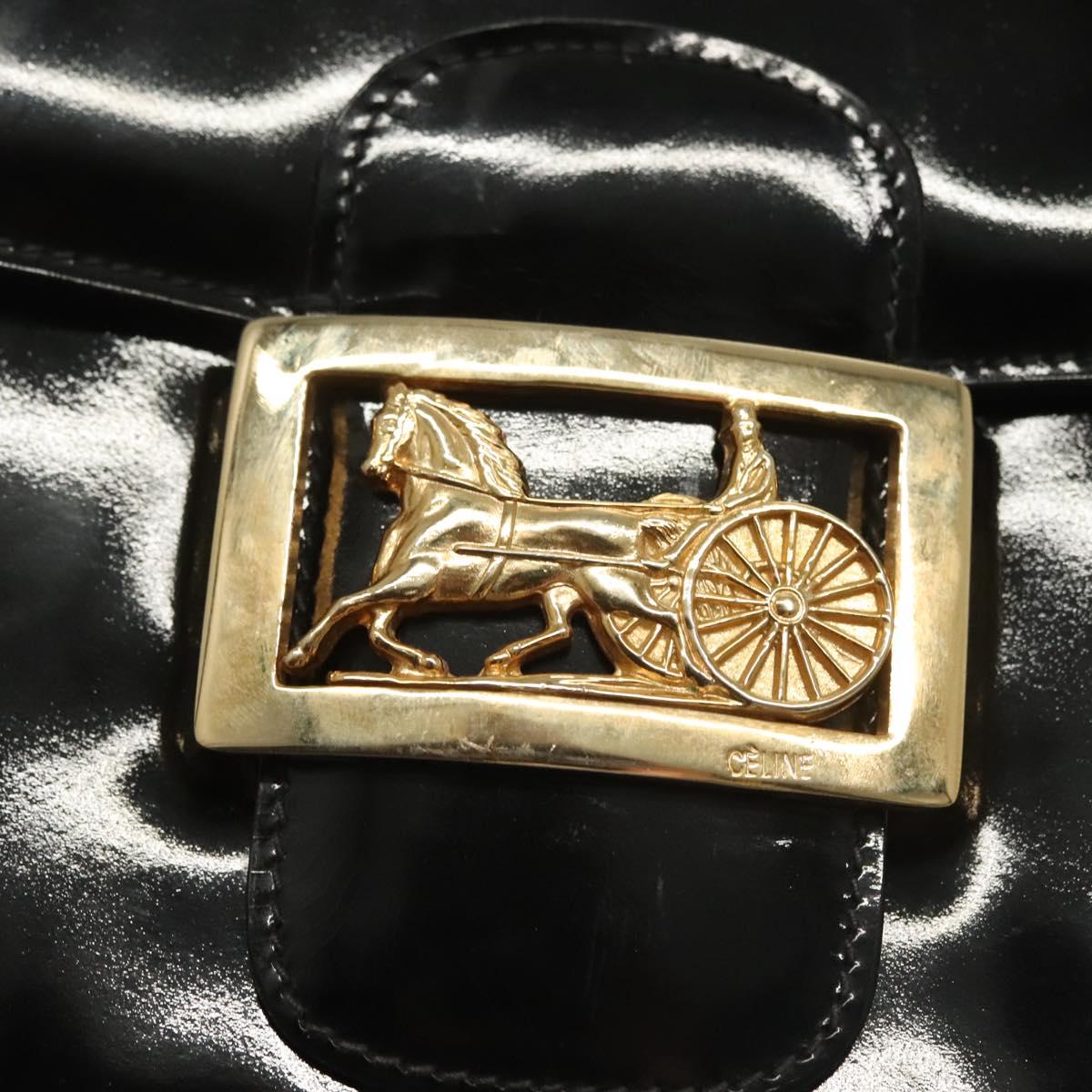 CELINE Horse Carriage Shoulder Bag Patent leather Black Gold Auth 142247