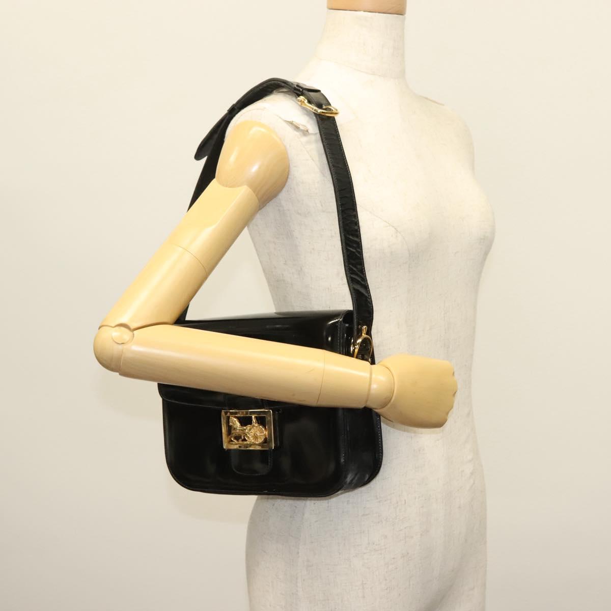 CELINE Horse Carriage Shoulder Bag Patent leather Black Gold Auth 142247
