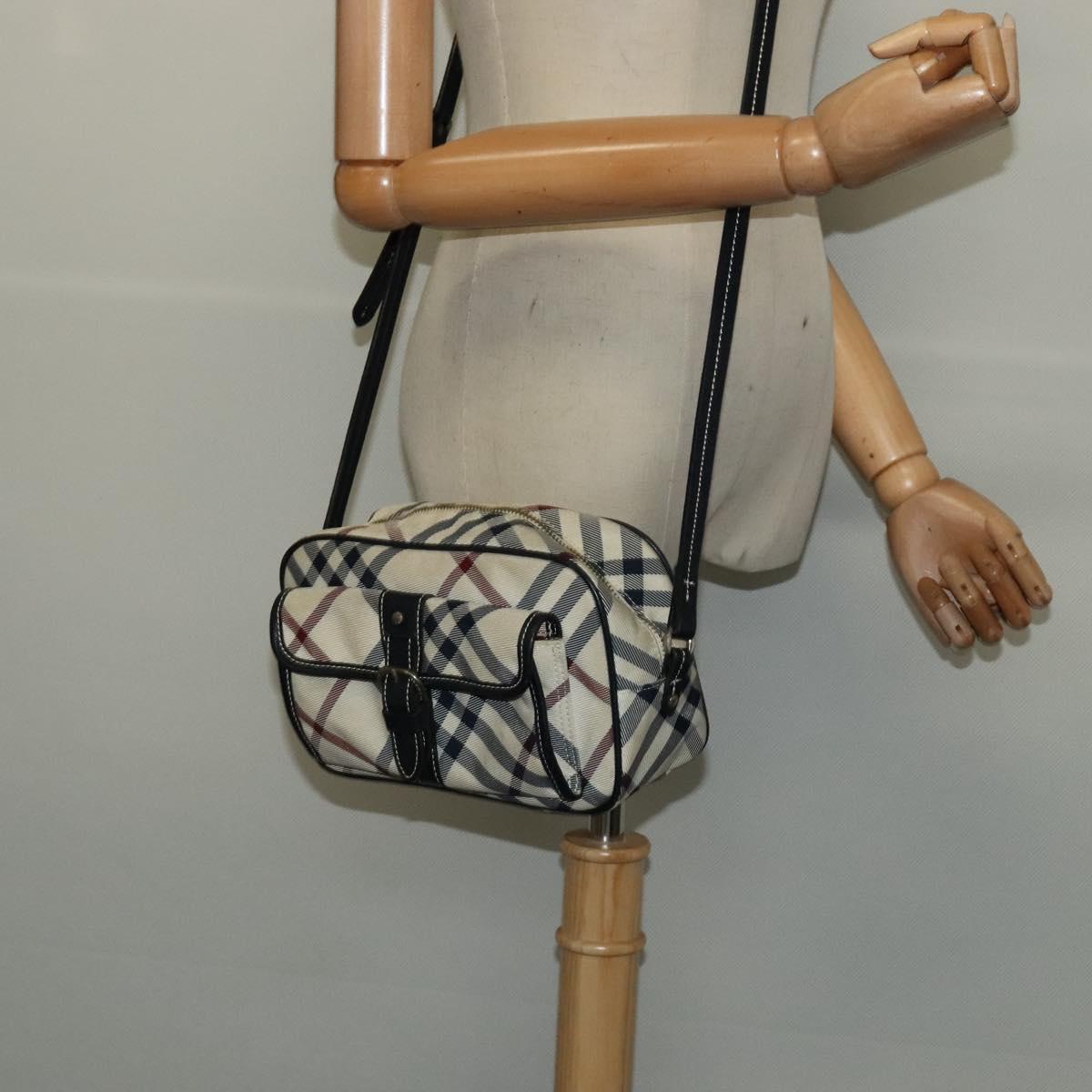 BURBERRY Nova Check Blue Label Shoulder Bag Canvas Beige Silver Auth 142252