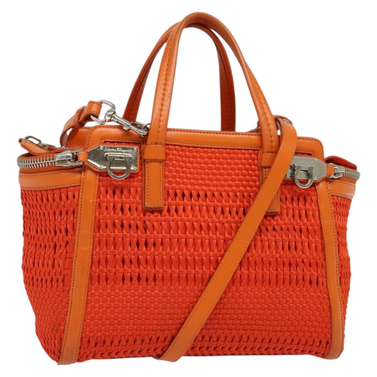 Salvatore Ferragamo Gancini Hand Bag Canvas 2way Orange Silver Auth 142268