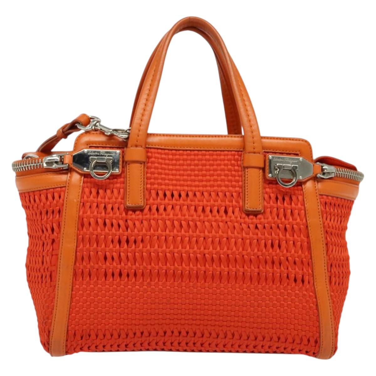 Salvatore Ferragamo Gancini Hand Bag Canvas 2way Orange Silver Auth 142268