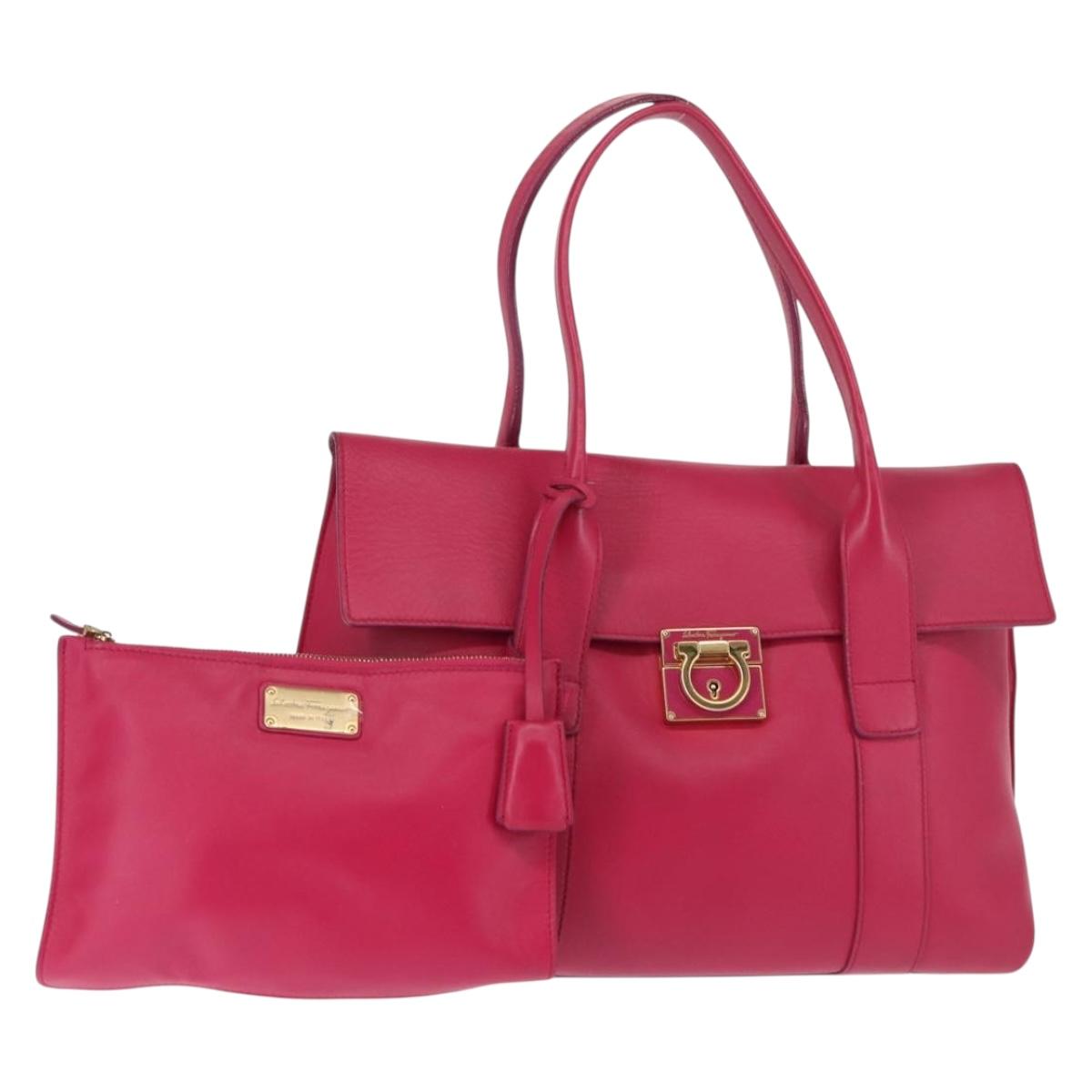 Salvatore Ferragamo Gancini Hand Bag Leather Pink Gold Auth 142269