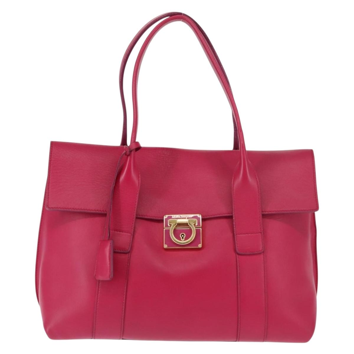 Salvatore Ferragamo Gancini Hand Bag Leather Pink Gold Auth 142269