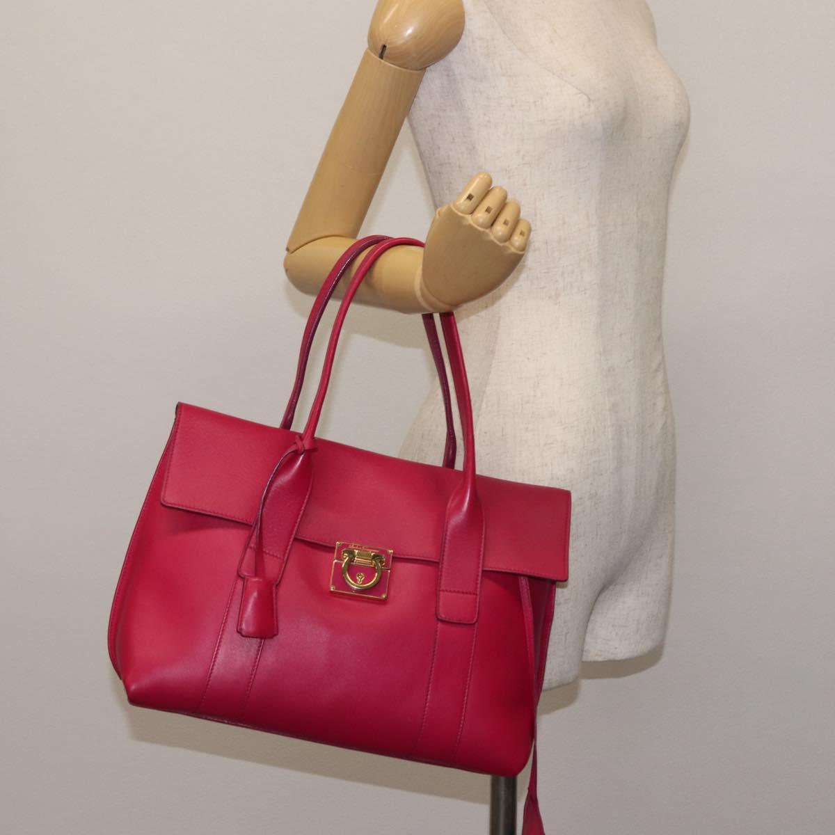Salvatore Ferragamo Gancini Hand Bag Leather Pink Gold Auth 142269