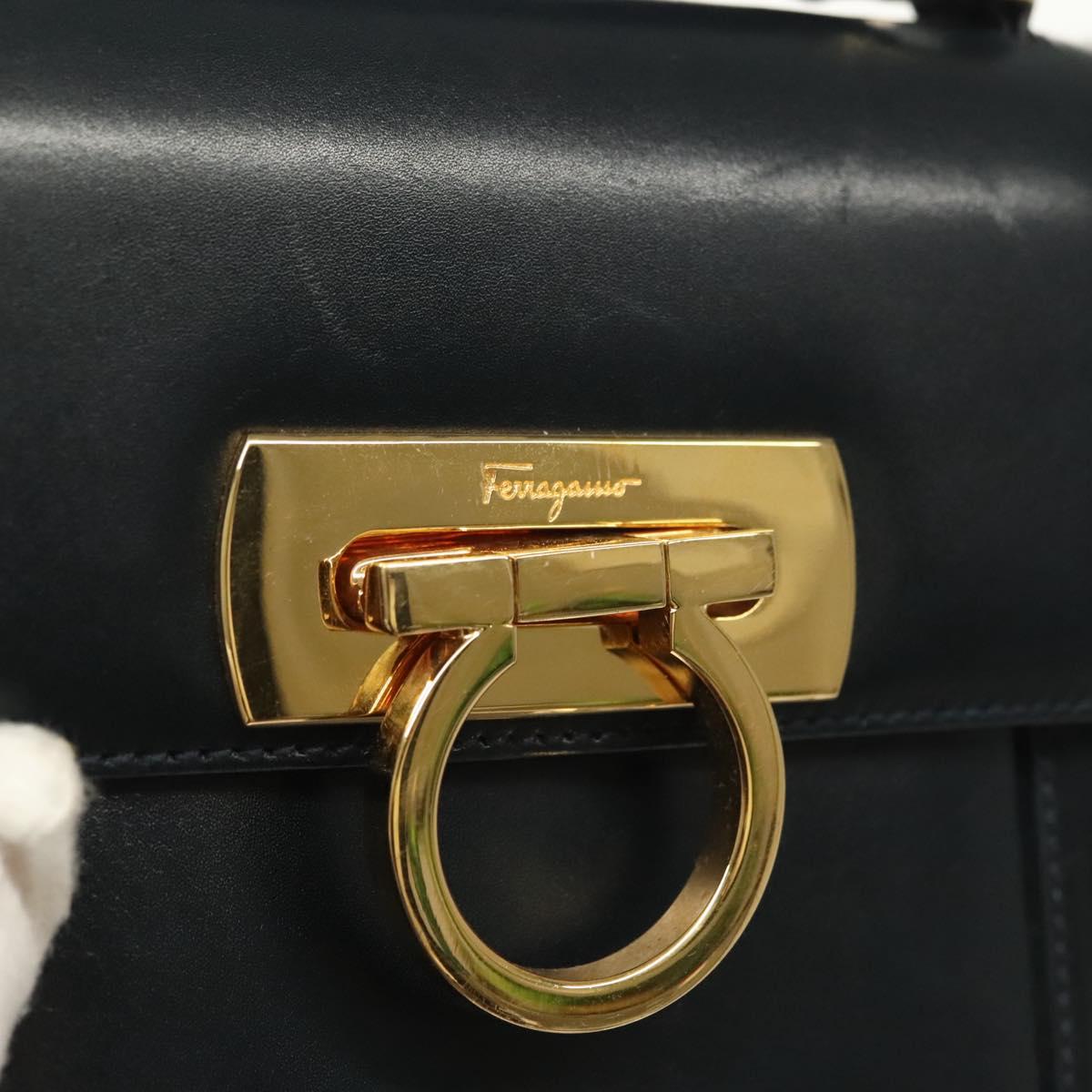 Salvatore Ferragamo Gancini Hand Bag Leather Navy Gold Auth 142283A