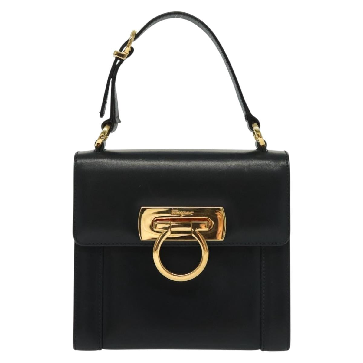 Salvatore Ferragamo Gancini Hand Bag Leather Navy Gold Auth 142283A