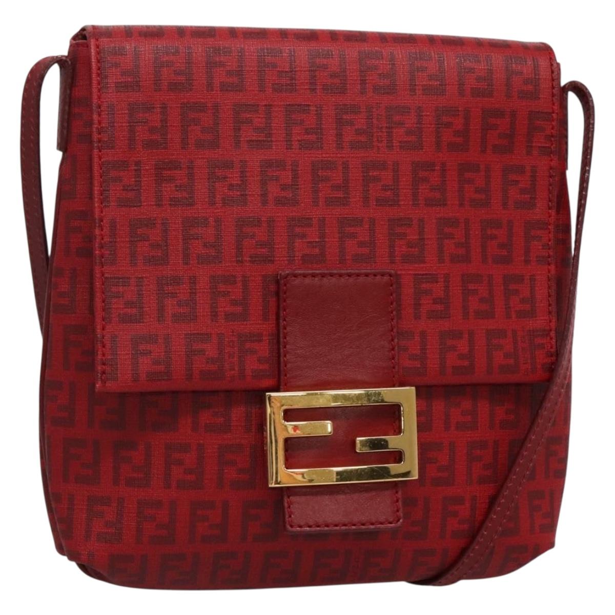 FENDI Zucchino Canvas Mamma Baguette Shoulder Bag PVC Red Gold Auth 142286V