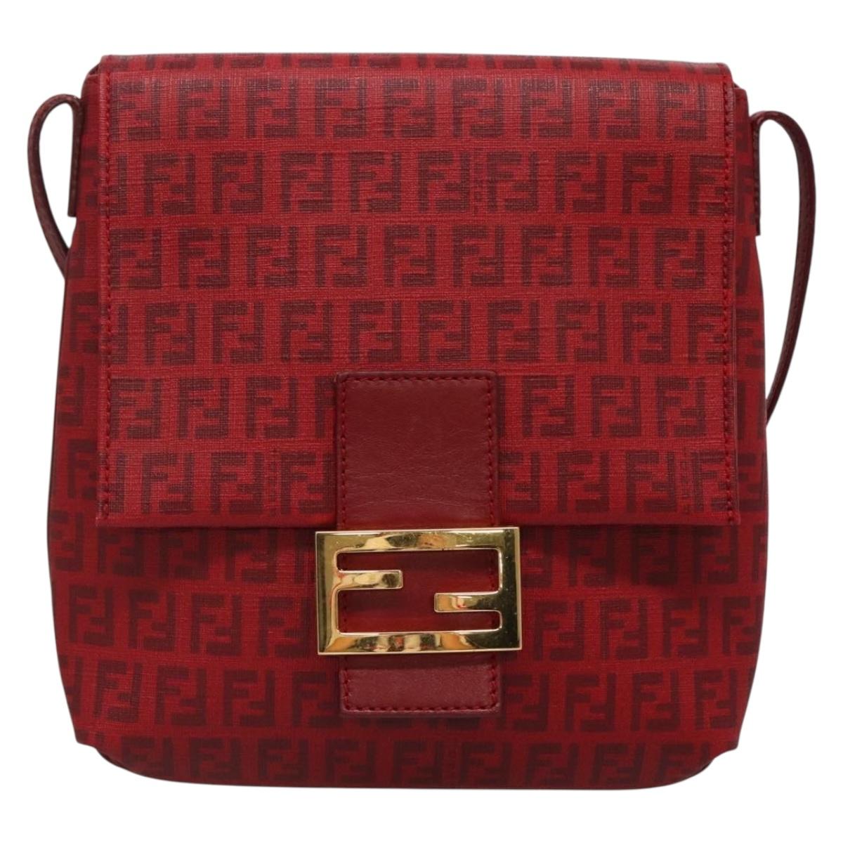 FENDI Zucchino Canvas Mamma Baguette Shoulder Bag PVC Red Gold Auth 142286V