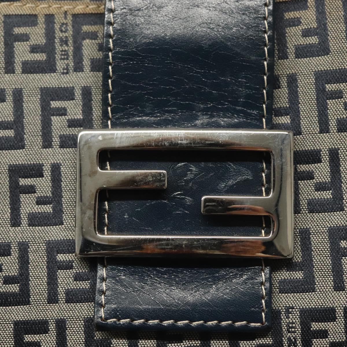 FENDI Zucchino Canvas Mamma Baguette Shoulder Bag Navy Silver Auth 142298