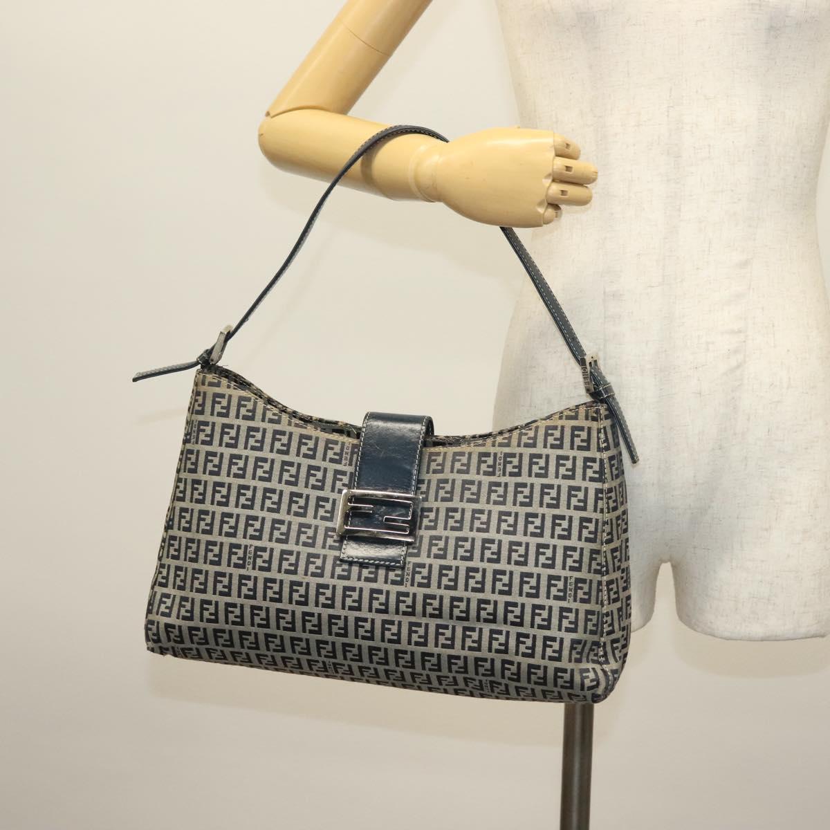 FENDI Zucchino Canvas Mamma Baguette Shoulder Bag Navy Silver Auth 142298